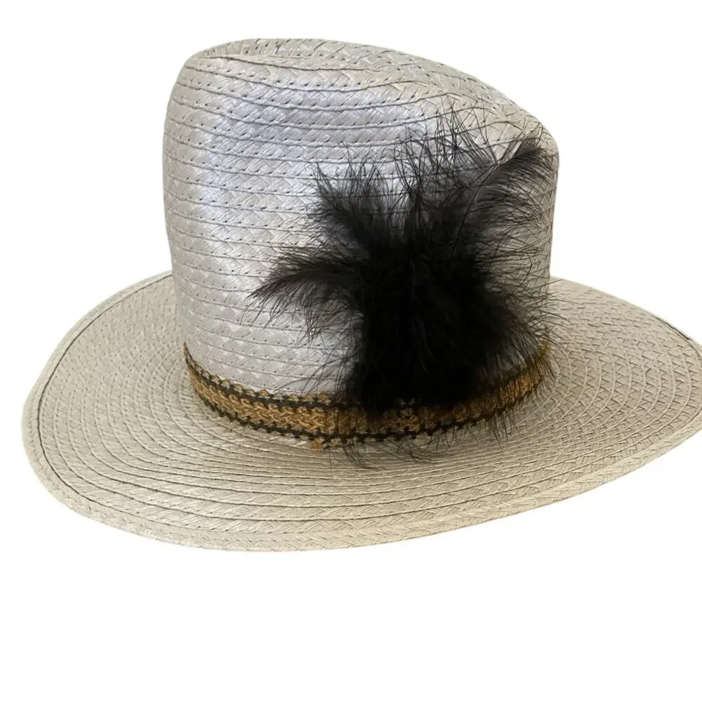 Western Straw Cowboy Hat Sz 6 7/8 Feather Hatband Country Ranch‎ Apache